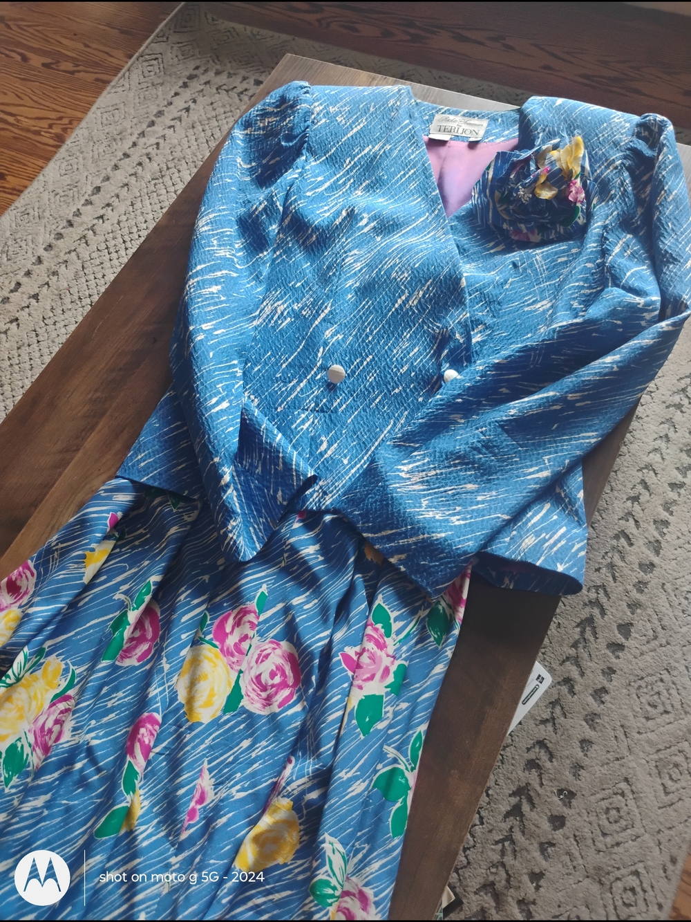 Teri Jon Blue Textured Jacket with Pink Silk Lining